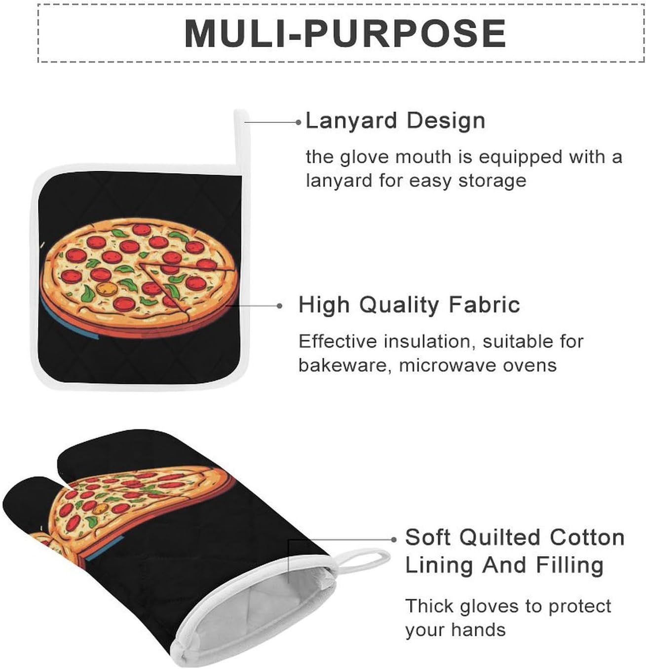 Pizza 4 Pcs Oven Mitts and Pot Holders Set High Heat Resistant Long Kitchen Oven Glove Potholders