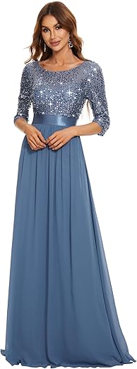 Ever-Pretty Women's Maxi Round Neck A-Line Prom Party Dress with Sleeves Haze Blue US8