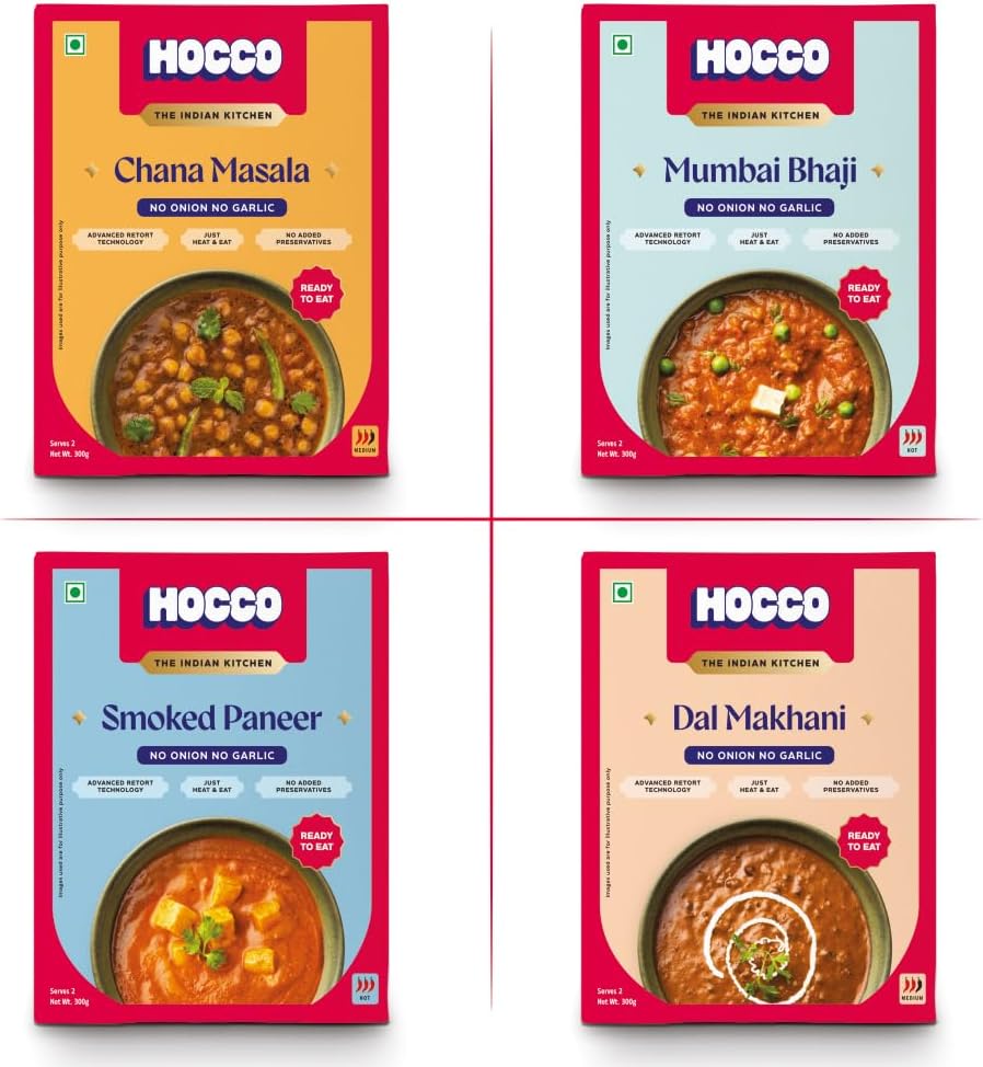 HOCCO Ready To Eat Combo Pack of 4 (Jain Mumbai Bhaji, Jain Dal Makhani, Jain Smoked Paneer & Jain Chana Masala) | Just Heat & Eat | Meal Ready In 5 Minutes | Microwave-Able | Serves 2-300g Each