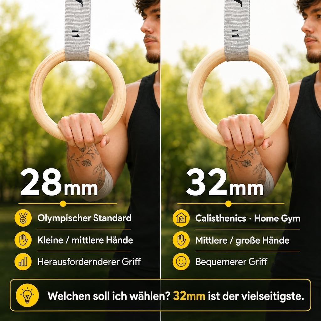 Gorletic Gymnastikringe, dickes Holz, 28 mm und 32 mm, verstärkter Gurt mit 4,5 m Markierung