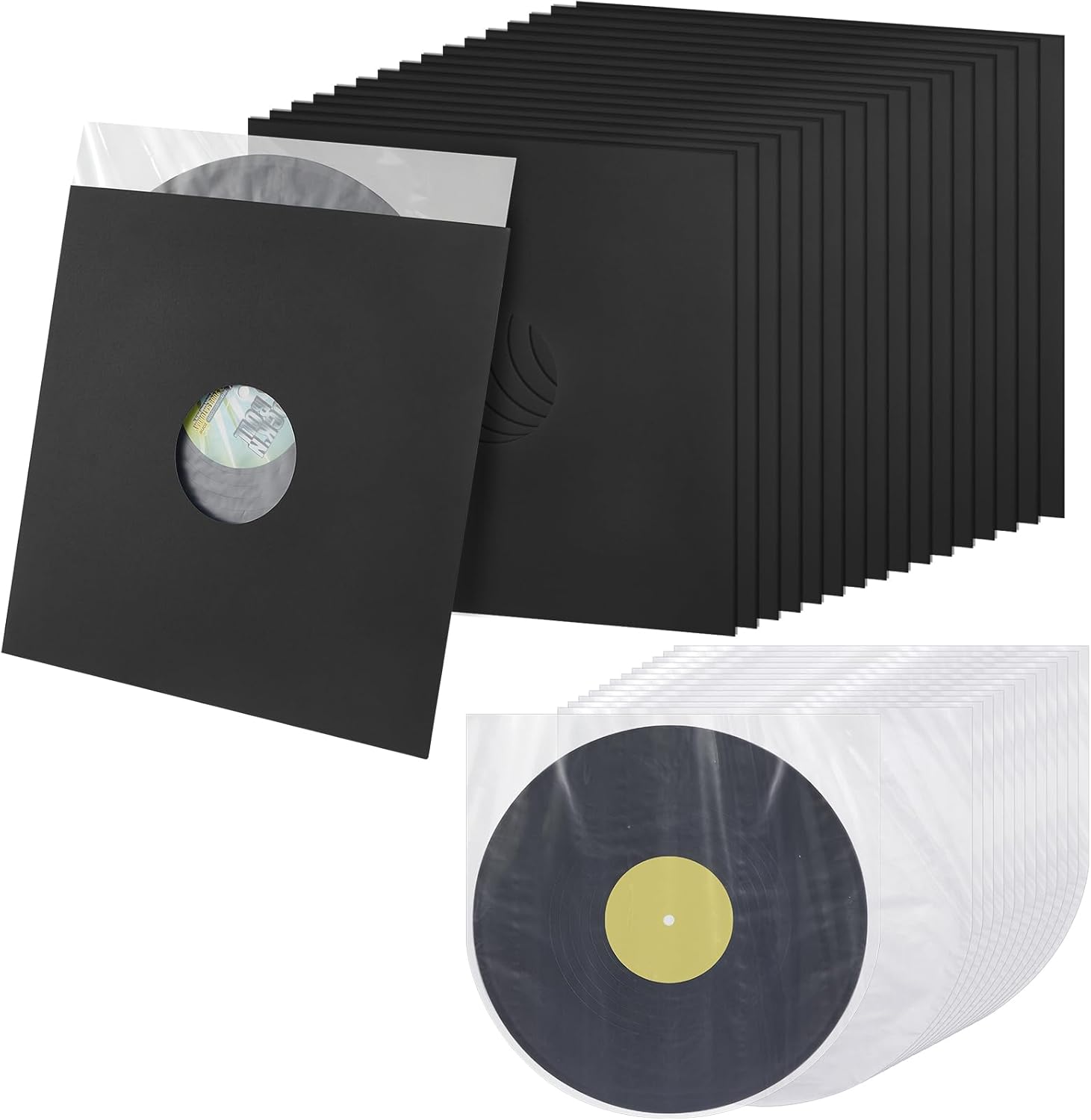 Henoyso 80 Piece 12 Inch Vinyl Record Sleeves Include 40 Pcs Album Covers (350gsm) Record Jackets 40 Pcs Inner Kraft Paper Sleeves for Album Vinyl Records Collections Storage Decorations(Black)