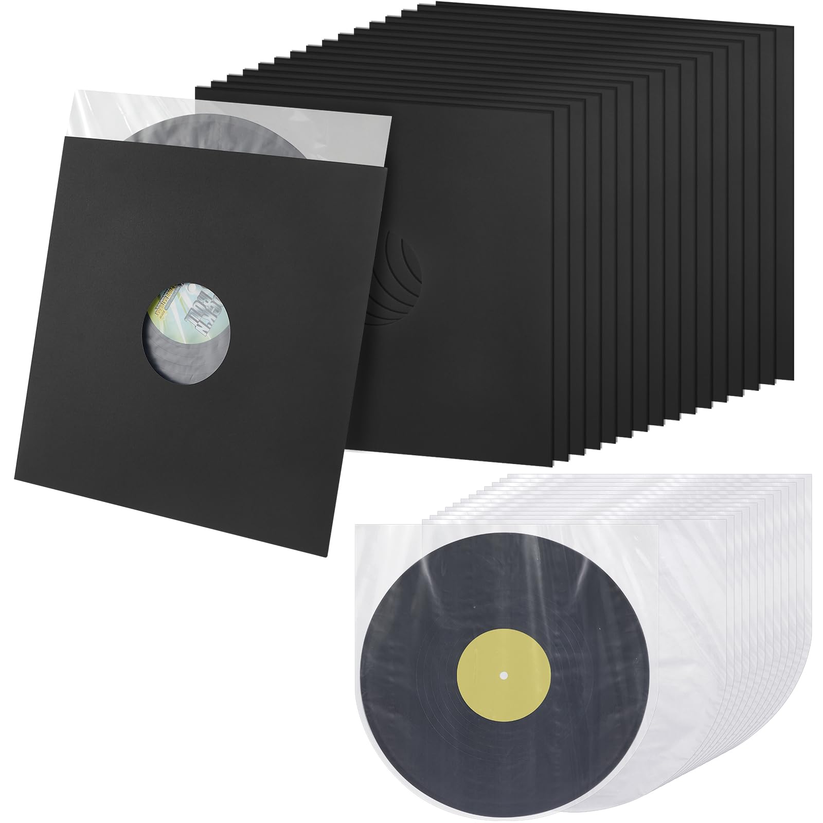 Henoyso 80 Piece 12 Inch Vinyl Record Sleeves Include 40 Pcs Album Covers (350gsm) Record Jackets 40 Pcs Inner Kraft Paper Sleeves for Album Vinyl Records Collections Storage Decorations(Black)