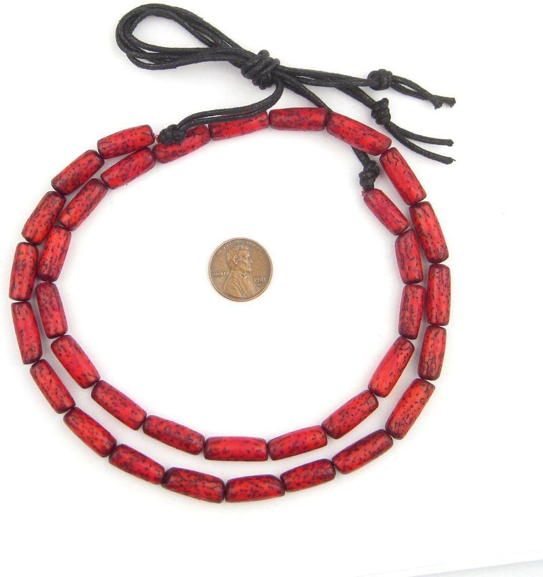 The Bead Chest Coral Red Cylindrical Natural Seed Beads 7mm Cylinder Wood 27 Inch Strand