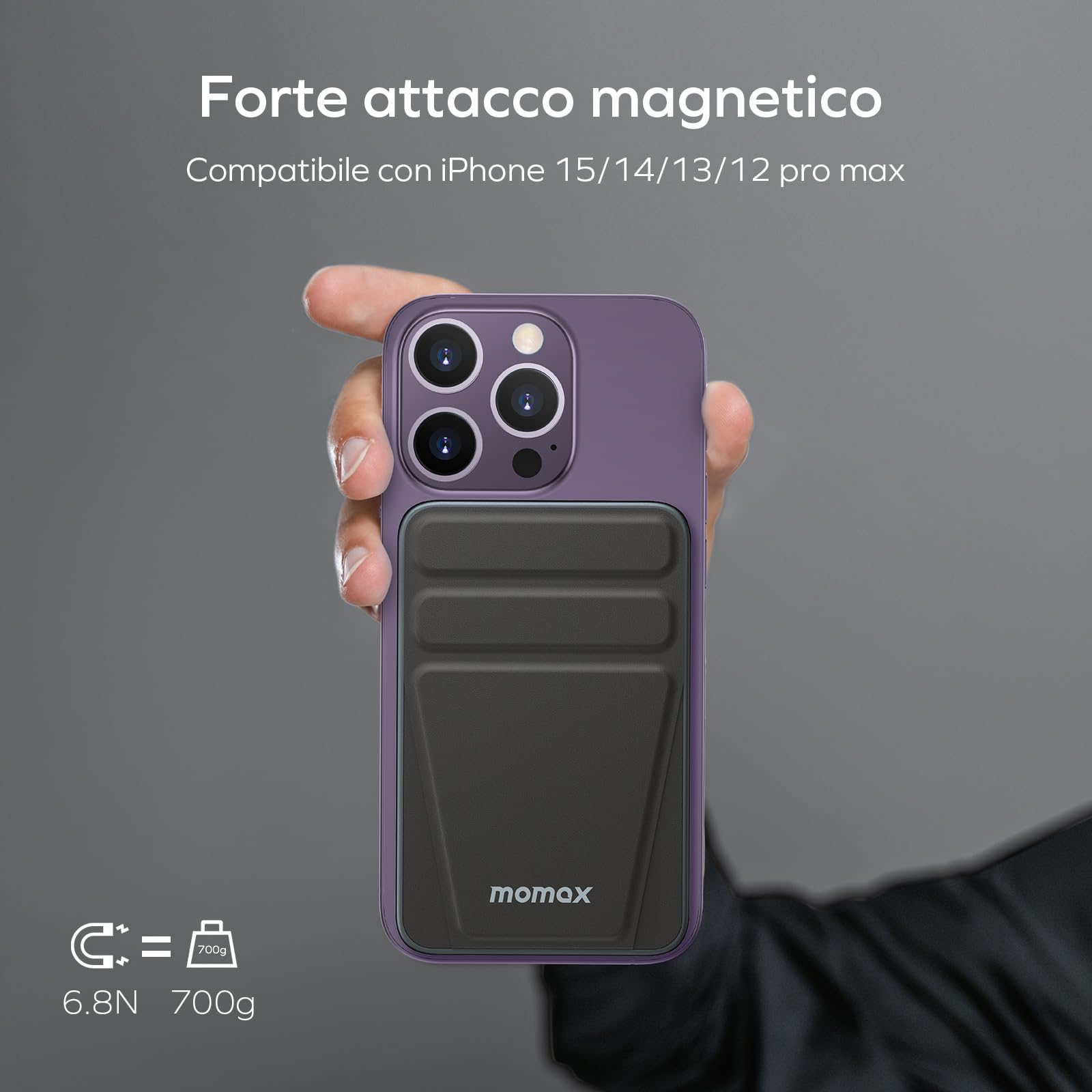 MOMAX Power Bank 10000mAh con USBC 20W Ricarica Rapida USB, Powerbank magnetico con supporto pieghevole, Tipo-C Batteria Compatibile con MagSafe per iPhone 15/14/13/12 Plus/Mini/Pro/Pro Max