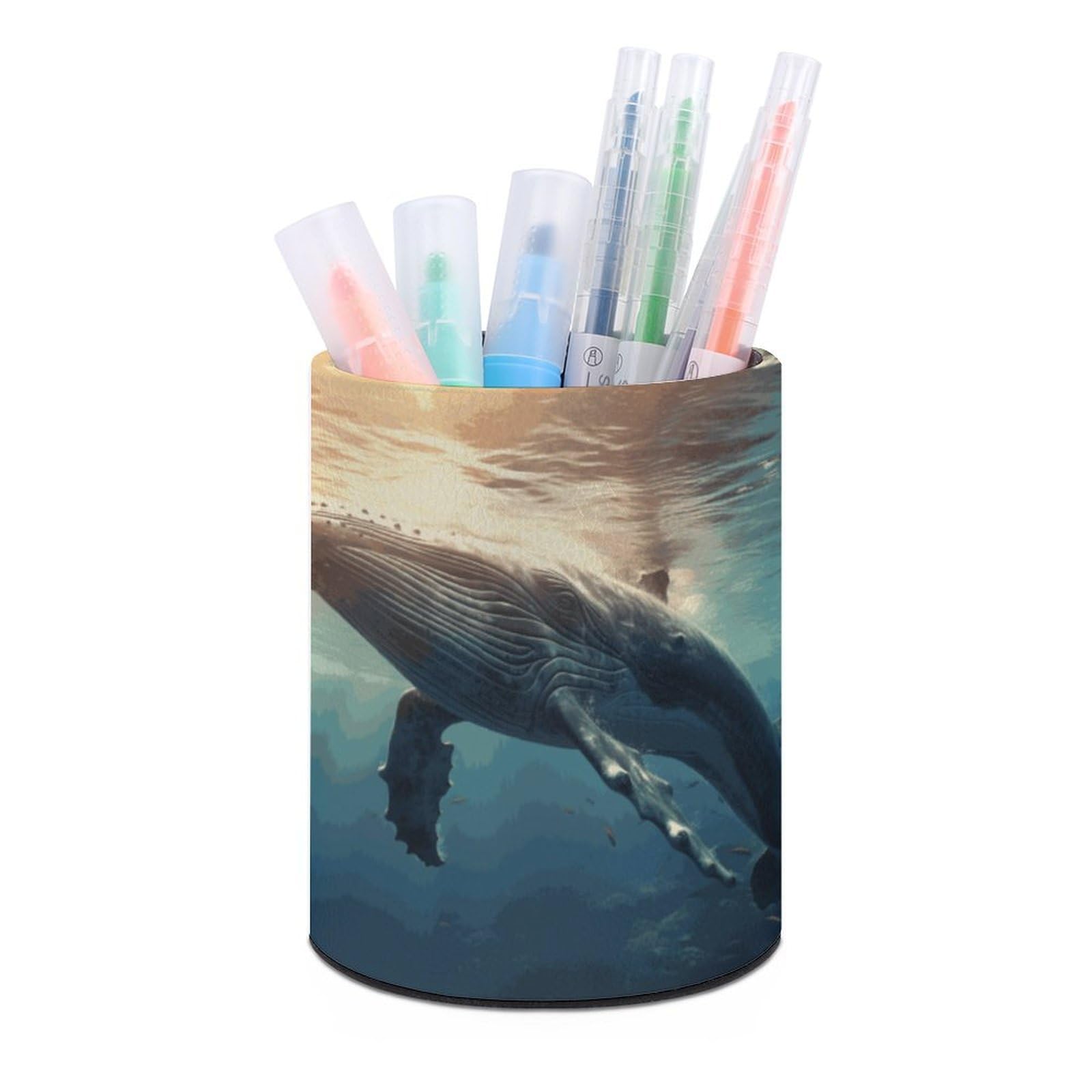 VstaDank Whale Above Sea Water Pen Holder PU Leather Pencil Cup Minimalist Desk Pencil Holder Round Make Up Brush Organizers For Office Dorm Room&Vanity Desk Accessories