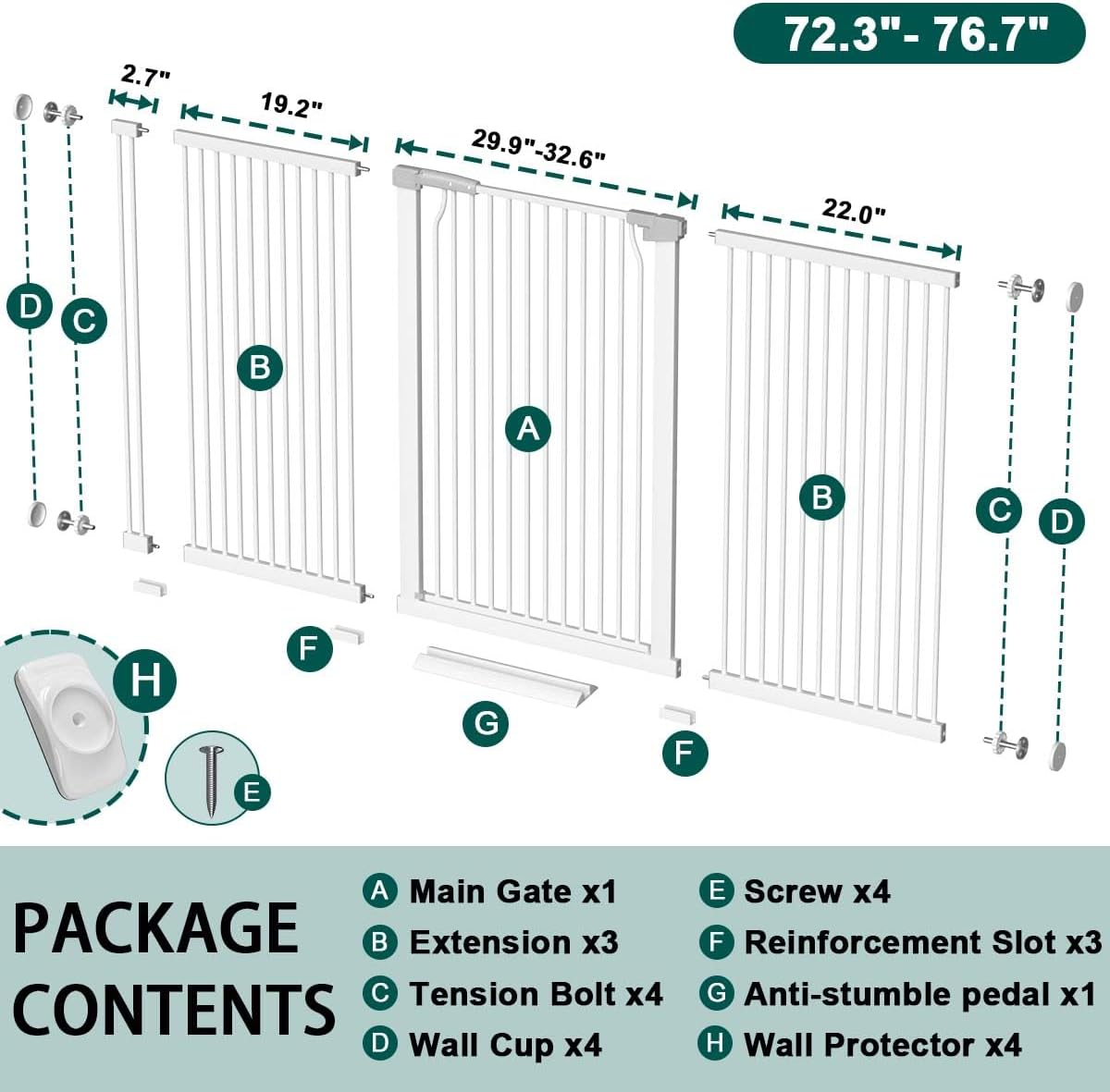 Fairy Baby 40.5" Extra Tall Baby Gate, 72.3"-76.7" Extra Wide Long Pet Gate, Metal Auto Close Safety Child Gate Indoor, Pressure Mounted Dog Gate No Climb Fence for Stairs Doorways Kid or Pet, White