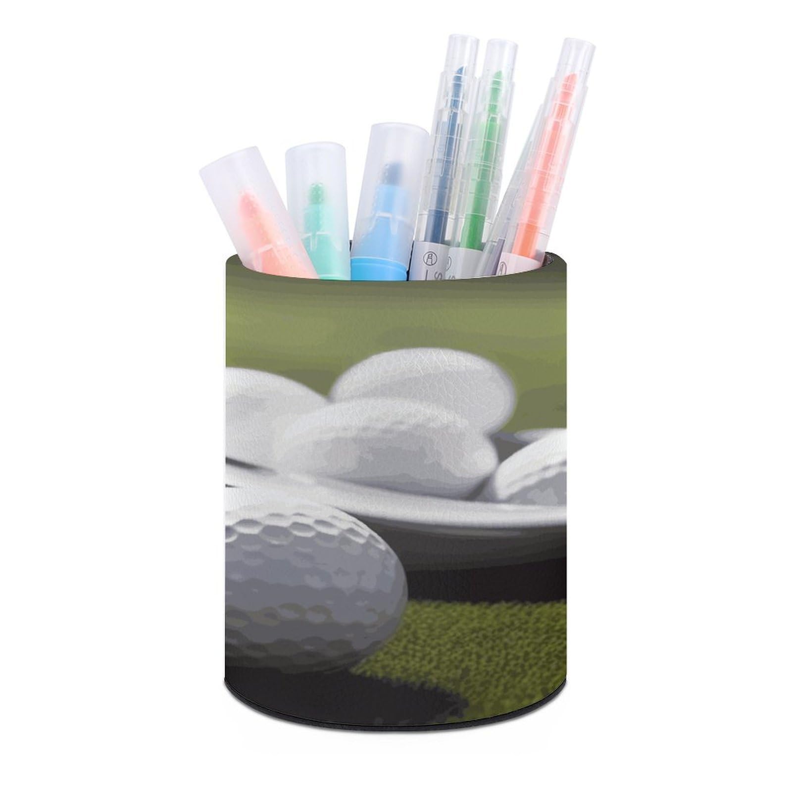 JTREHY Golf Pen Holder Round Pen Pencil Holder Makeup Brush Holders Cup PU Leather Pencil Cups Desktop Caddy Stationery Organizer Case Office Accessories Container Box