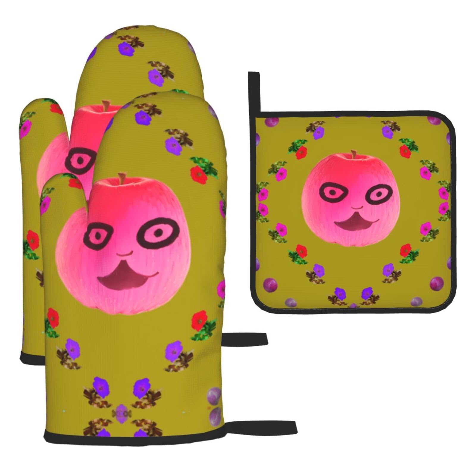 Funny Face Peach Oven mittens and oven mitts three-piece set suitable for oven, grilling, baking, microwave and home cooking.