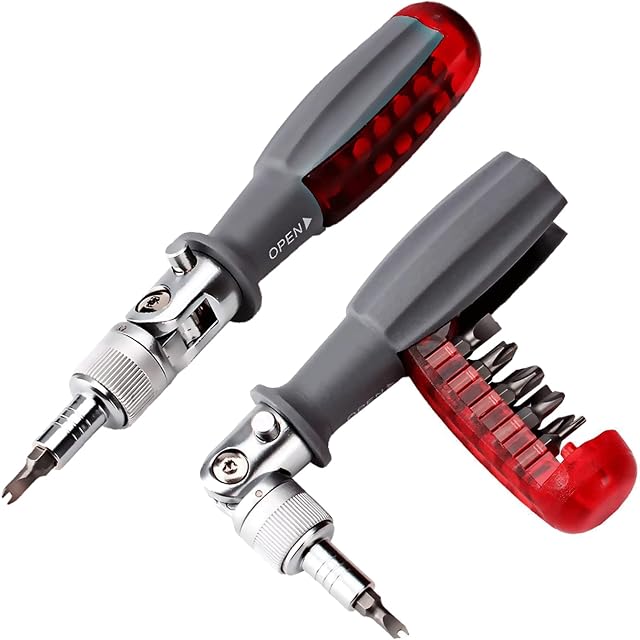 Deselen Ratchet Screwdriver with Magnetic 10 Bits, 10 in 1 Mini Screwdriver Set Pocket Design, Multi Tool Bit Holder in a Grip, Tool Kits for Home, Red, 1 Pack