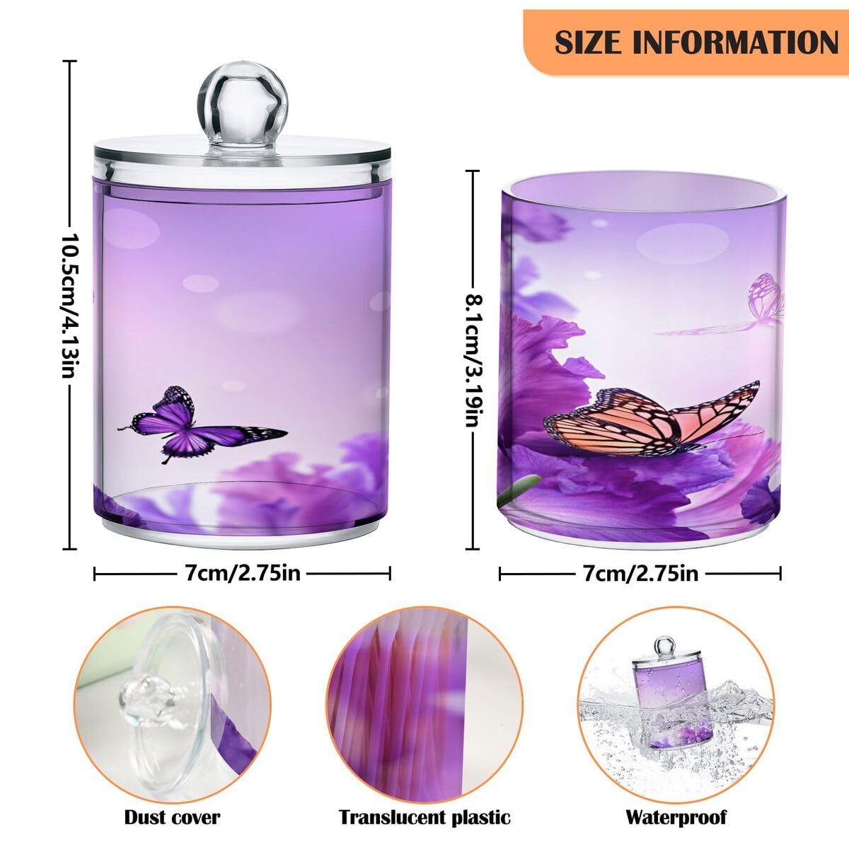 Violetter Schmetterlings-Qtip-Halter, 400 ml, Apothekergläser, Badezimmer-Organizer, Behälter für Qtips, Wattestäbchen, Wattebälle, Kosmetik-Pads, Flossers, Badesalz, 2 Stück