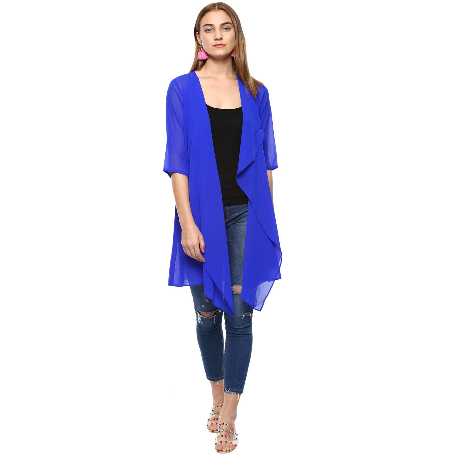 Roving Mode Women's Georgette Drape Front Waterfall Longline Jacket, Blue