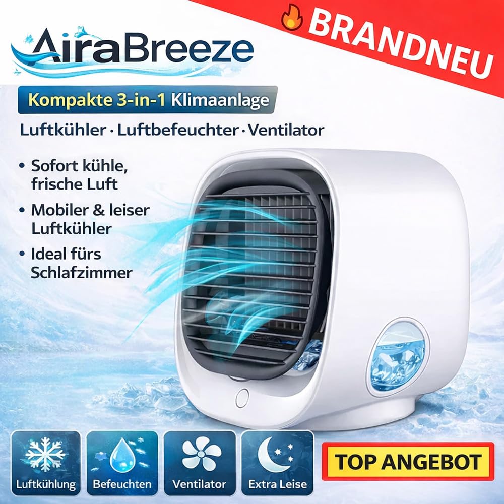AiraBreeze Mini Klimaanlage Luftkühler Tragbar Ventilator Schlafzimmer Leise