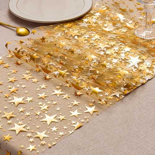 QILANJO 3 Rolls Bling Star Table Runner Glitter Metallic Table Runner Thin Mesh Tabletop Centerpiece Decoration for Home Holiday Birthday Party Dinner, Gold(11"x106")