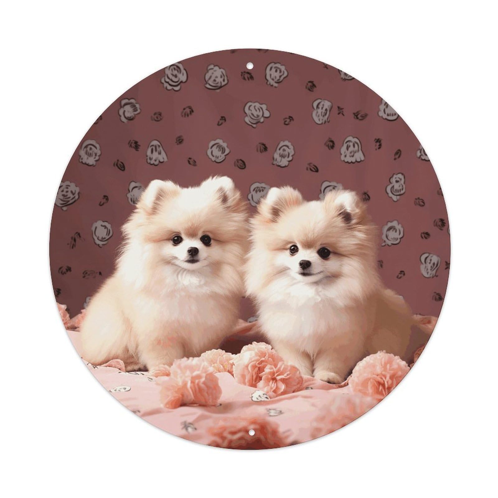 LZQPOEAS Pomeranians Puppies And Point Round Aluminum Wall Art Sign, Metal Indoor Wall Decor with Holes, Durable Circular Aluminum Plaque for Home, Bar, Cafe, Living Room, And Office Decoration