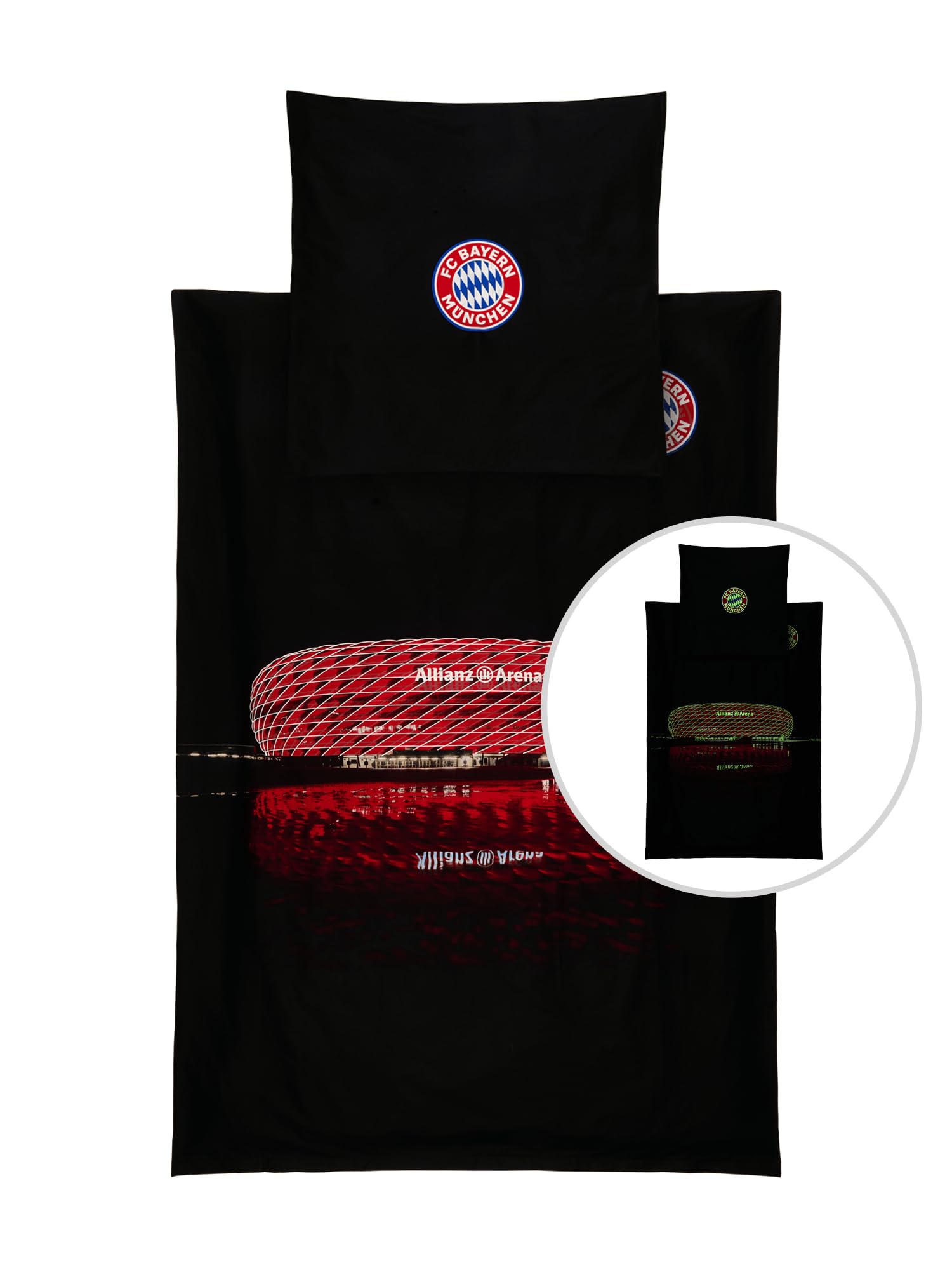 FC Bayern München Bettwäsche I Glow in the Dark Arena (Schwarz) I Leuchtende Baumwoll-Bettwäsche mit Kissenbezug 80 x 80 cm I Offiziell lizenziert
