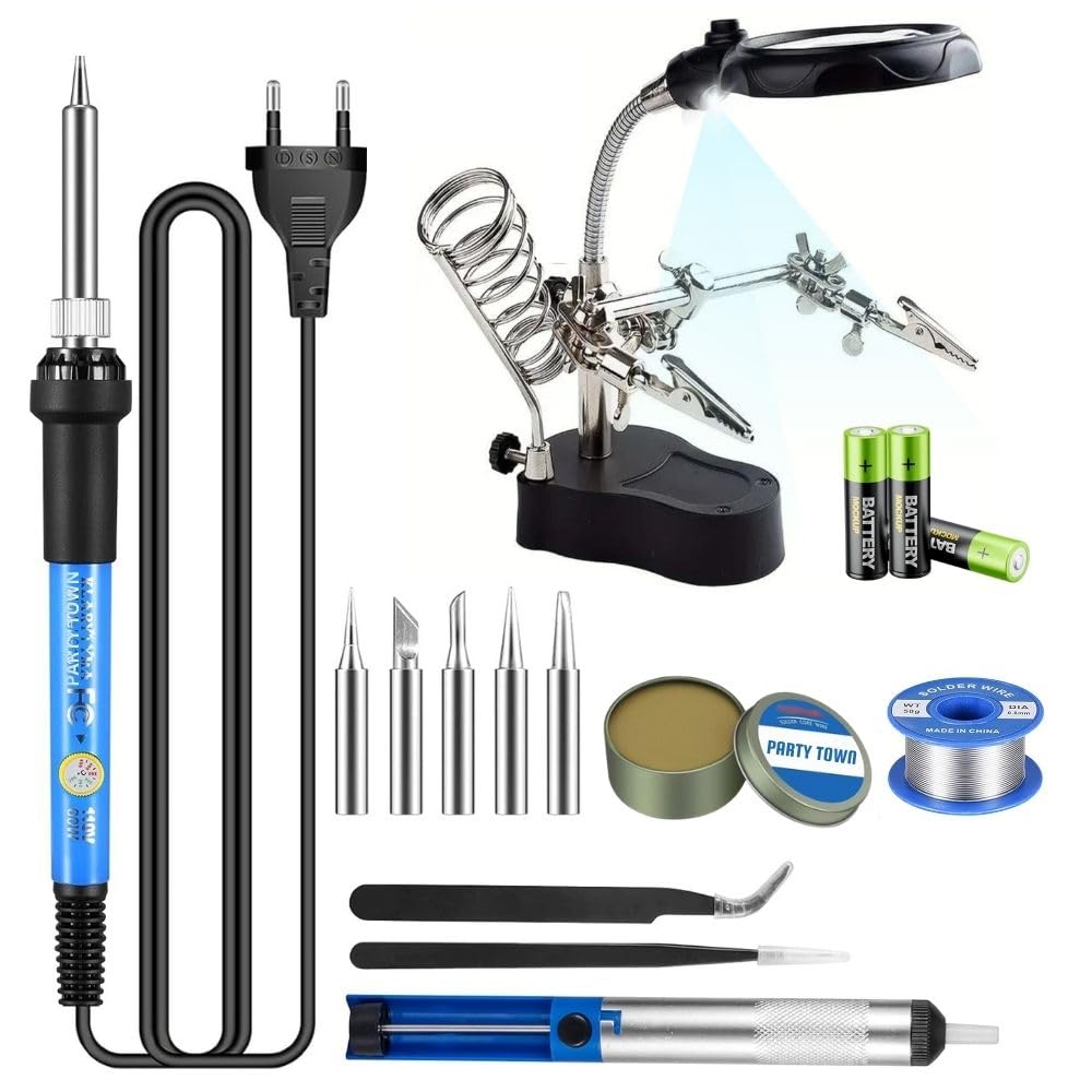 Party Town® Professional Soldering Iron Kit, 60W Temperature Control with LED Helping Hands, Multiple Tips, Solder Wire, Tweezers for Electronics, DIY, electronics repair, Jewelry Making (Pack of 13)-image-31