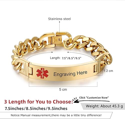 Miniatura 2 de Nameinhea Pulseras de alerta médica personalizadas para mujeres y hombres, grabadas gratis, ajustables, de acero inoxidable, impermeables, de
