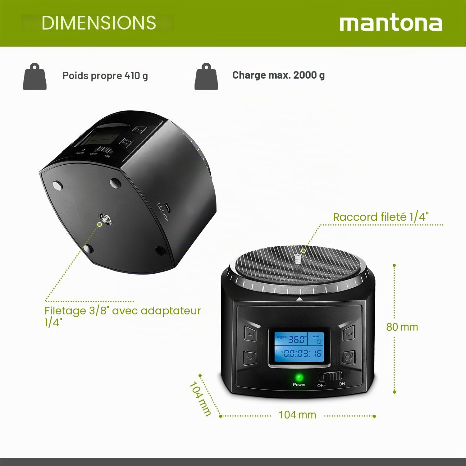 Mantona Turnaround 360 Advanced 3 Tête de trépied panoramique électrique rotative 360° programmable Timelapse Smartphone Action Cam GoPro