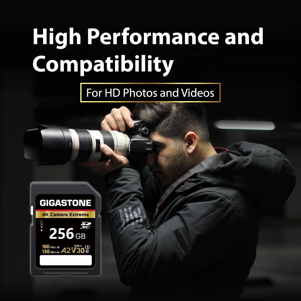 GIGASTONE A2 V30 Karta pamięci SDXC 256GB, 4K Extreme Serial Camera 160 MB/s.Canon Nikon Sony, U3 UHS-I Class 10 dla 4K UHD Video Camera, 1 mini etui