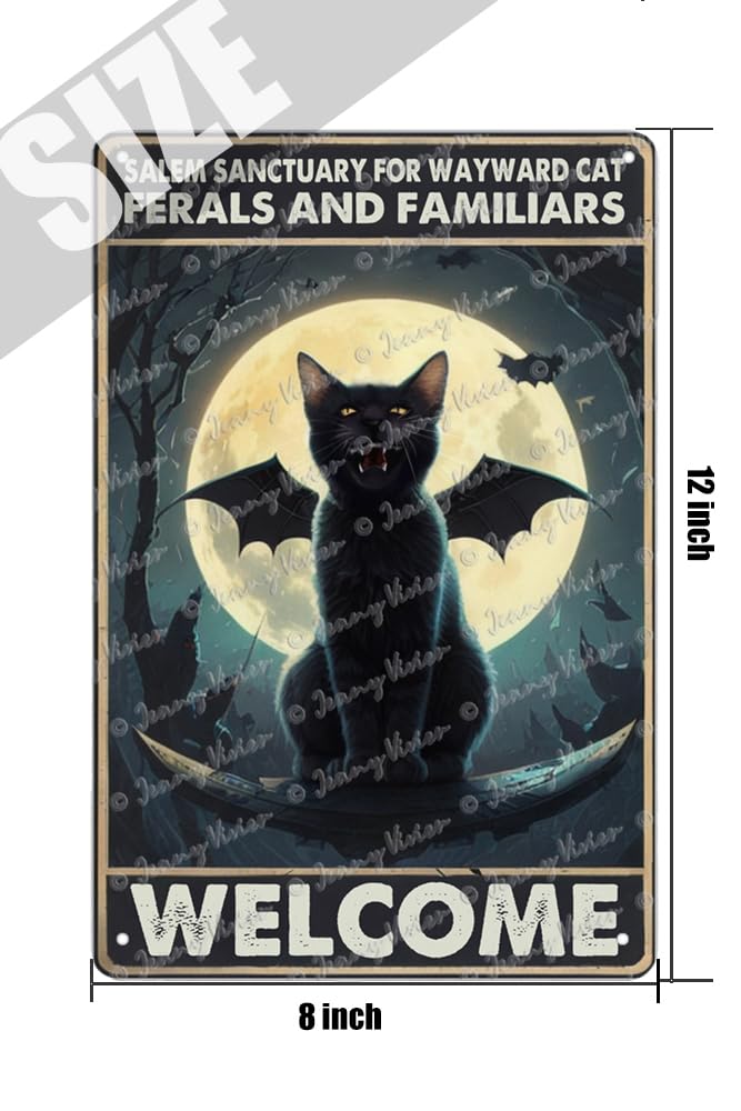 Targa In Latta Vintage 'Salem Sanctuary For Wayward Cats' - Gatto Nero Halloween, 20x30 Cm - Decorazione Da Parete Per Interni/Esterni
