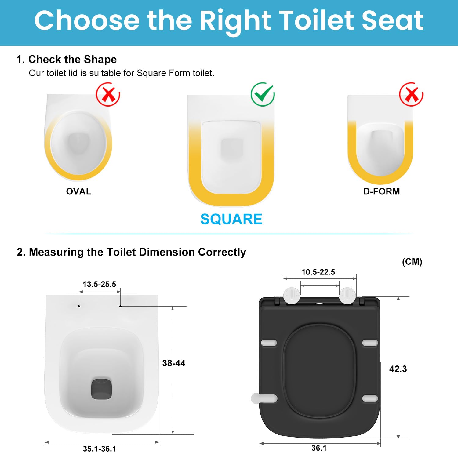 Sedile WC Quadrato Softclose nero, Tavoletta WC in Duroplast Antigraffio, Copriwater Rimovibile Quick Release, Facile da Pulire, incluso modello di installazione, 42,3 x 36,1 cm