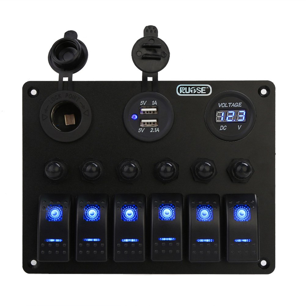 Rupse Panneau 6 Interrupteurs à Bascule 12V/24V Étanche IP65 Avec USB Voltmètre Pour Bateau Voiture Camion RV