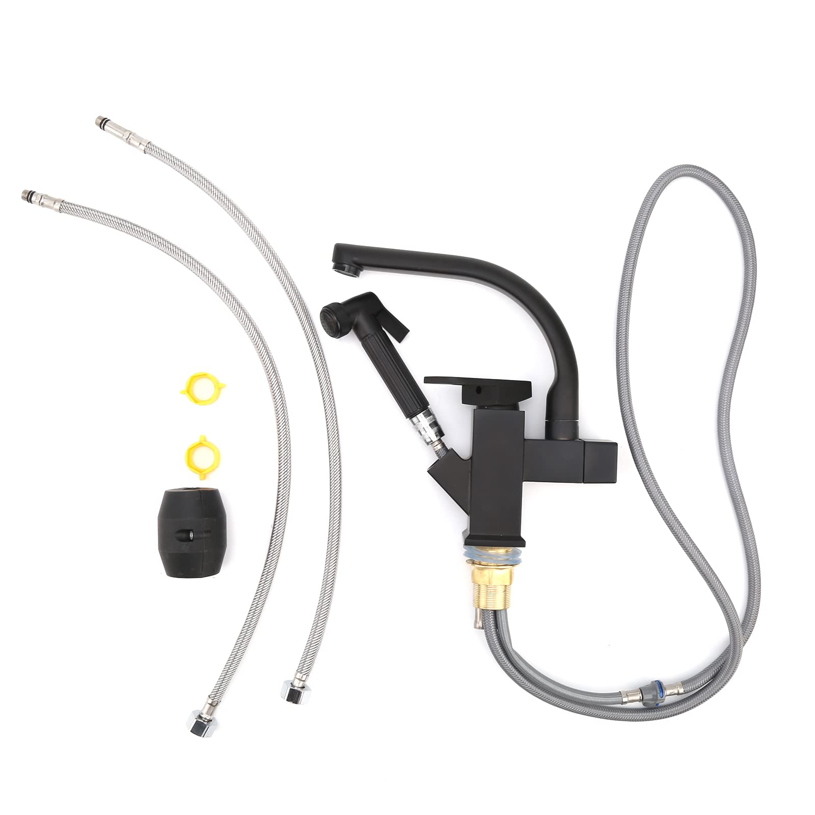 HelloCreate Kitchen Sink Faucets 360° Swivel Spout Faucet with Pull Out Type Spray Faucet & 2 Flexible Hoses