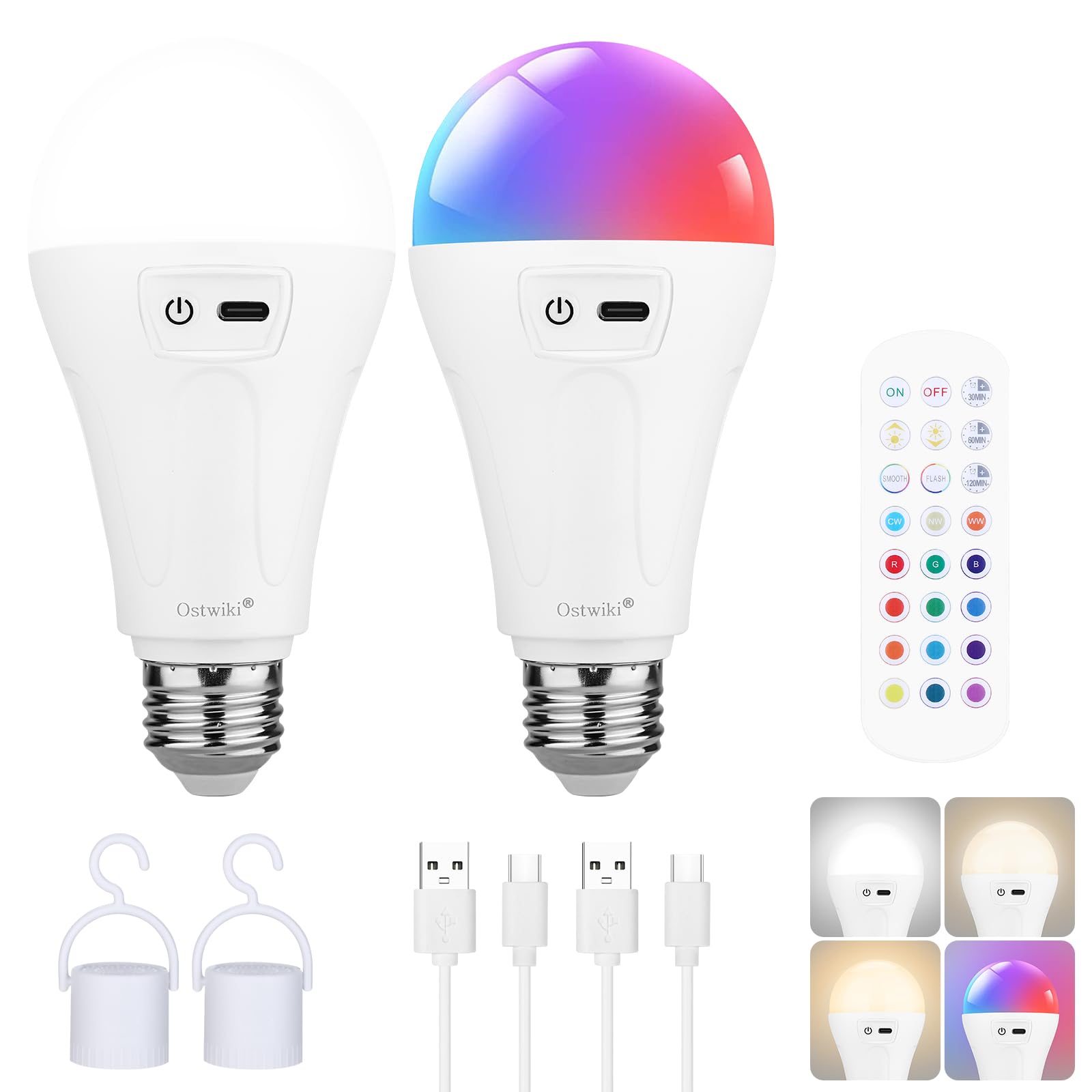 Photo 1 of 2 Pack 5200mAh Rechargeable Light Bulbs with Remote E26 Battery Operated Light Bulb for Lamps and Sconces,Dimmable Wireless Emergency Light Bulbs with Hook,3 Color Temperatures & 12 RGB Color Changing