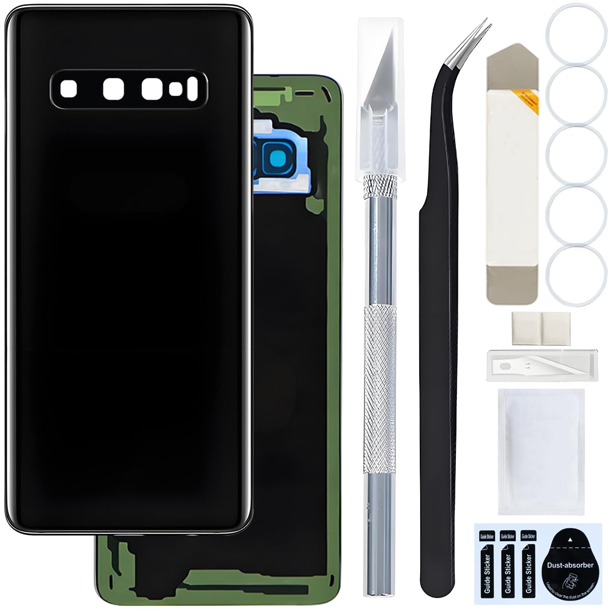 for Samsung Galaxy S10 Back Glass Cover Replacement Battery Door Housing with Pre-Installed Camera Len and Waterproof Pre-Cut Adhesive Sticker for Samsung Galaxy S10 G973F G973U G973W (Black)