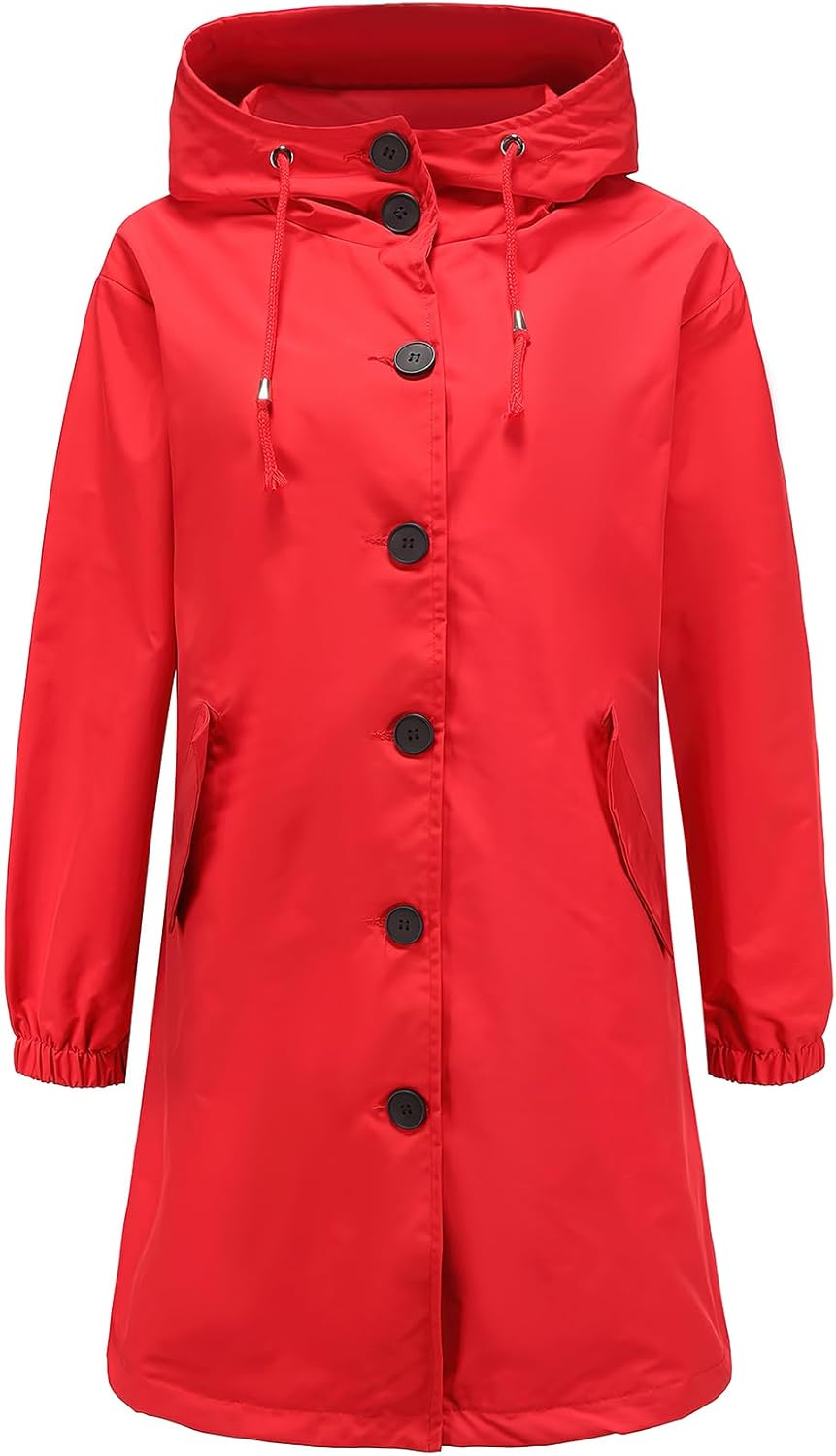 ebossy Women's Oversized Hooded Trench Coat Button Down Anti-water Windproof Long Rain Jacket Anoraks