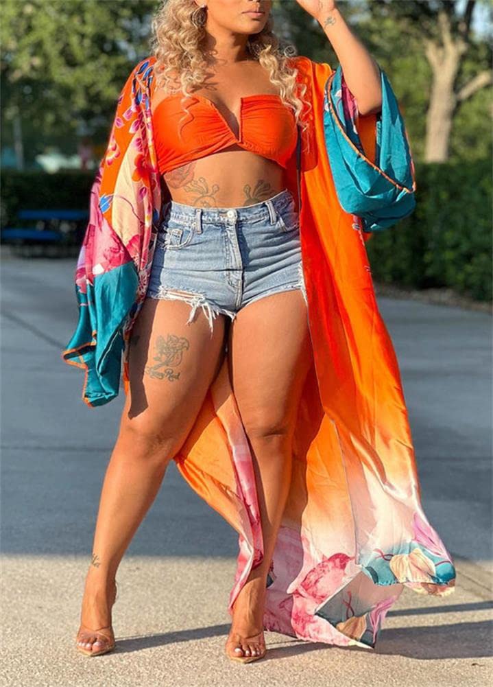 cu4eve Summer Cardigan For Women Lightweight Satin Open Front Long Kimono Swimsuit Cover Ups Silk Robe Plus Size