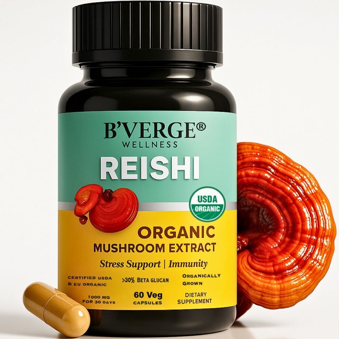 Red Reishi Mushroom Extract 500mg Capsules | Stress Relief, Liver Support Heart & Immune Health Support Supplement | Usda Organic - 30% Beta Glucans (60 Capsules)