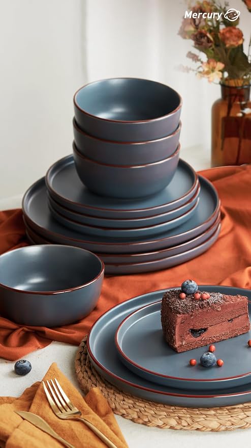 Famiware Mercury Plates and Bowls Sets, 18 Pieces Stoneware Dinnerware Sets, Dishes Set for 6, Microwave and Dishwasher Safe, Charcoal