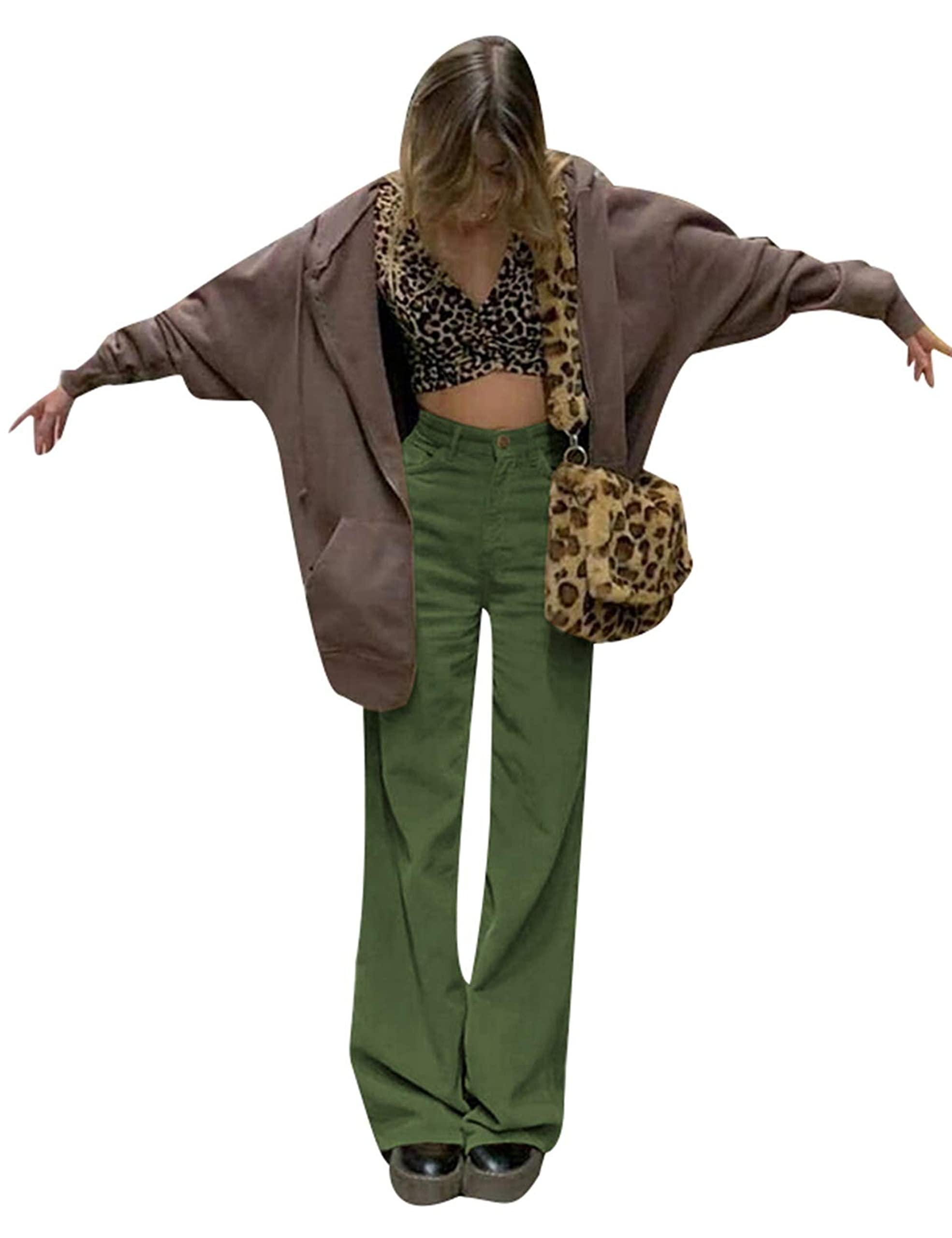 SCUSTY Women's Vintage Corduroy High Elastic Waist Wide Leg Pocketed Pants Trouser