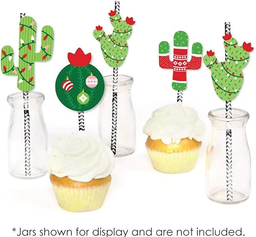 Miniatura 4 de Big Dot of Happiness Merry Cactus - Pajitas de papel para decoración de Navidad con diseño de cactus a rayas, juego de 24
