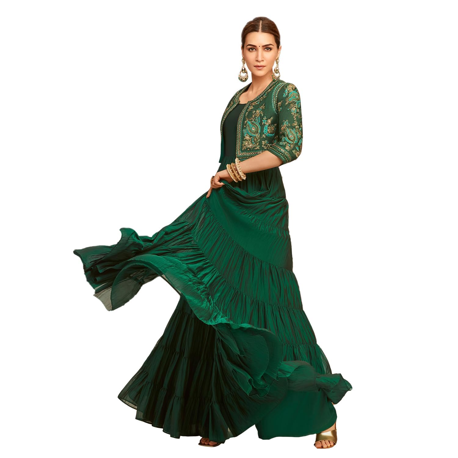 Buy BIBA Emerald Green Silk Festive Tiered Anarkali Dress at Amazon.in