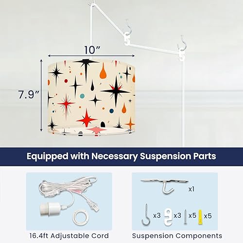 Miniatura 3 de Plug in Pendant Light Boho Mid Century Fifties Modern Retro Luxurious Stars Polka Dots Hanging Lamp with Plug in Clear Cord Linen Lampshade Dimmable