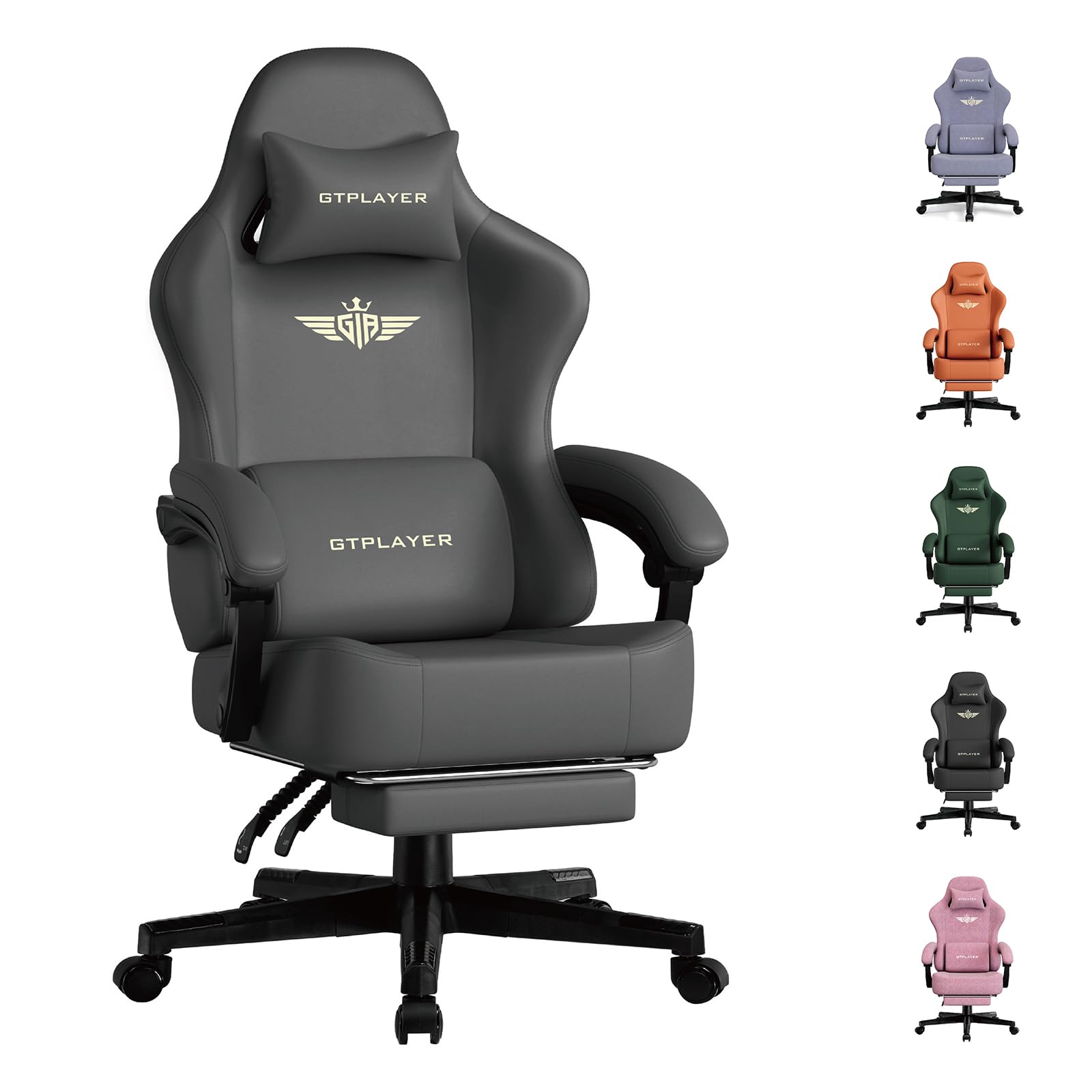 GTPLAYER Silla para Juegos, Silla de Oficina Transpirable, Silla ergonómica de PC, Tela, Respaldo Ajustable 160° y reposapiés Extensible, ergonómica, Cuero sintético, Carga 180 kg, Gris