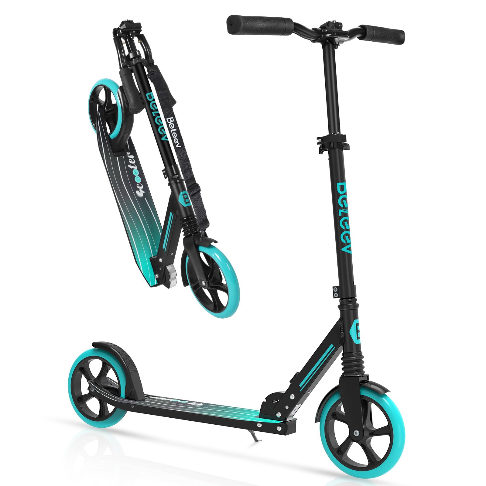 BELEEV Scooter for Kids Ages 6+, 200mm Big Wheel Adult Scooters for Boys and Girls, 4 Adjustable Handlebar, Front Suspension, 2 Wheels Scooter with Carry Strap, up to 100Kg