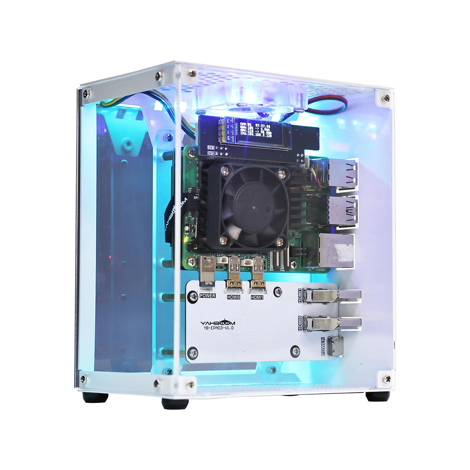 Yahboom Raspberry Pi 5, Custodia in Alluminio Micro Desktop con Radiatore Attivo Pi5, Fan PWM, RGB Lightint Bar, Mini Tower PC, Display OLED