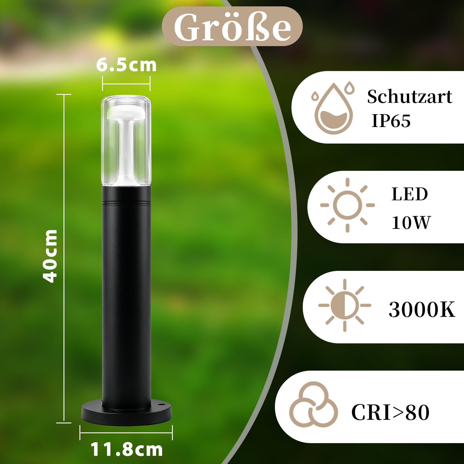 Glitzerlife LED Wegeleuchte Außen Gartenleuchte 4ER Pollerleuchte 40cm | IP65 Wetterfest Glas Wegelampe Schwarz 10W 3000K Wegbeleuchtung Außenleuchte für Garten Rasen Hof Weg Terrasse Balkon Deko