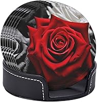 Vista 6 de Black White and Red Roses Print 6 Pcs Round Coasters Leather Waterproof Drink Coasters Mugs Mat Pad with Holder for Living Room Kitchen Bar 3.9 Inch
