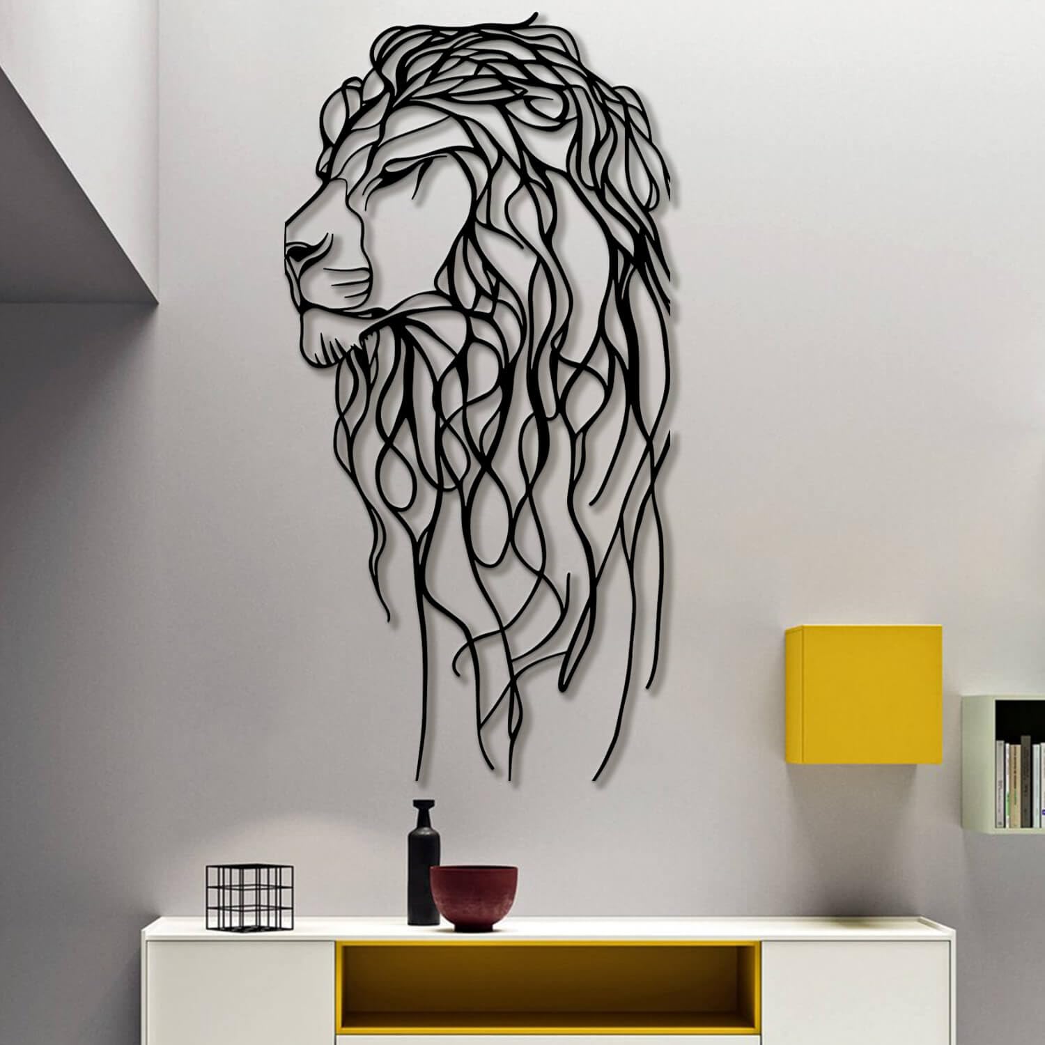 Décoration murale lion métal noir grand format 75x150cm design