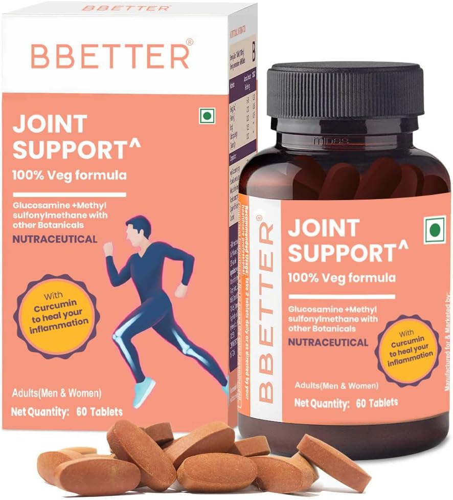 Joint Support Supplement - 100% Veg Formula with Veg Glucosamine, Boswellia Serrata, Veg MSM, Ginger, Rosehip extract and Curcumin for Women and Men - 60 Tablets.