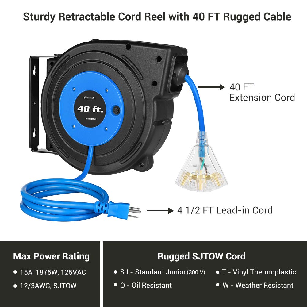 Suraielec 12 Gauge Extension Cord Reel, 45 FT Retractable Extension