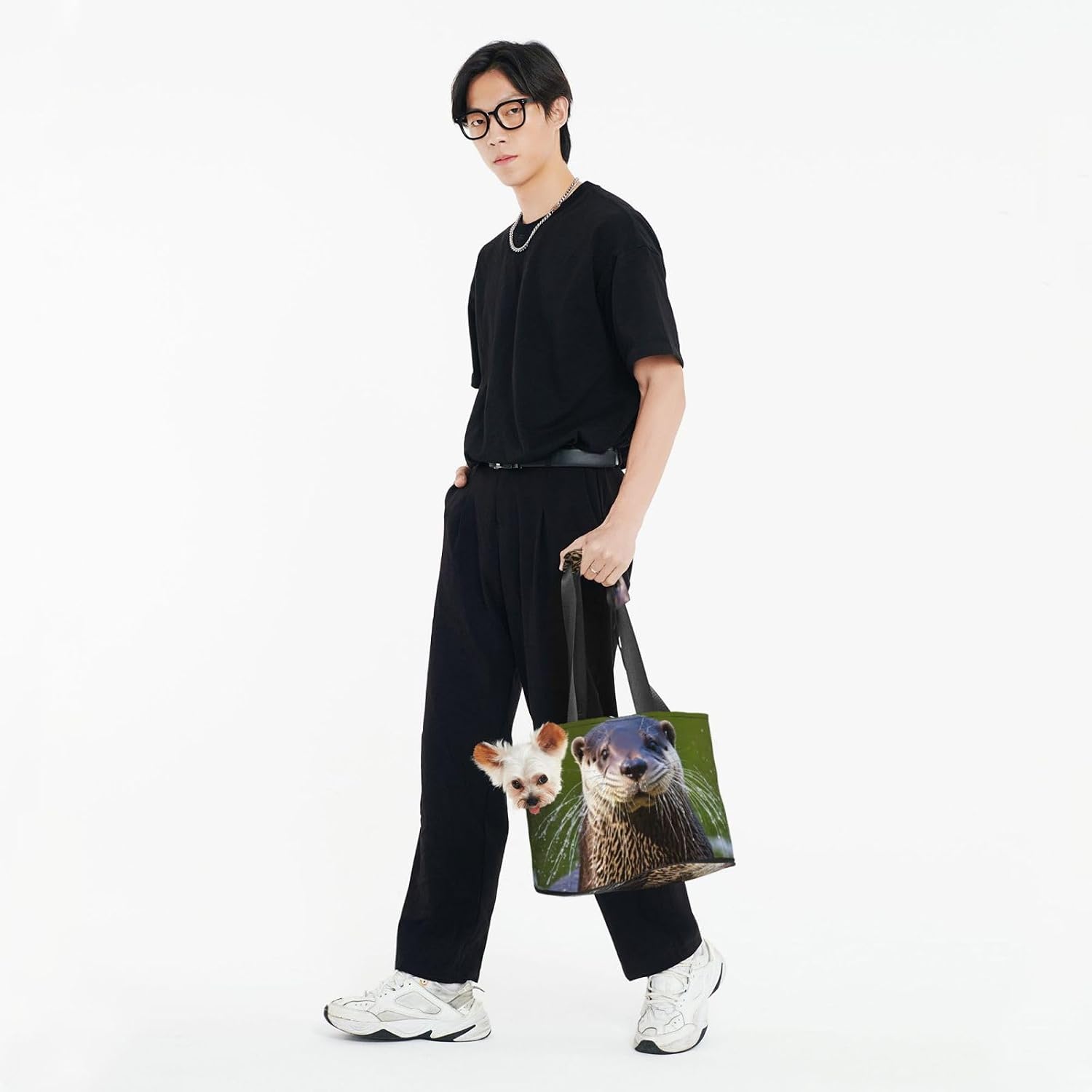 Animal Cute Brown Otters Print Portable Foldable Shoulder Bag for Travel,with Collar Hook and Handle Pad,Cute Stylish Design