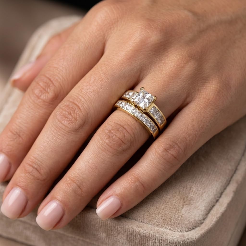 Marimor Jewelry Women's Stainless Steel 316 Princess Cut 3.75 Carat Zirconia Wedding Ring Set