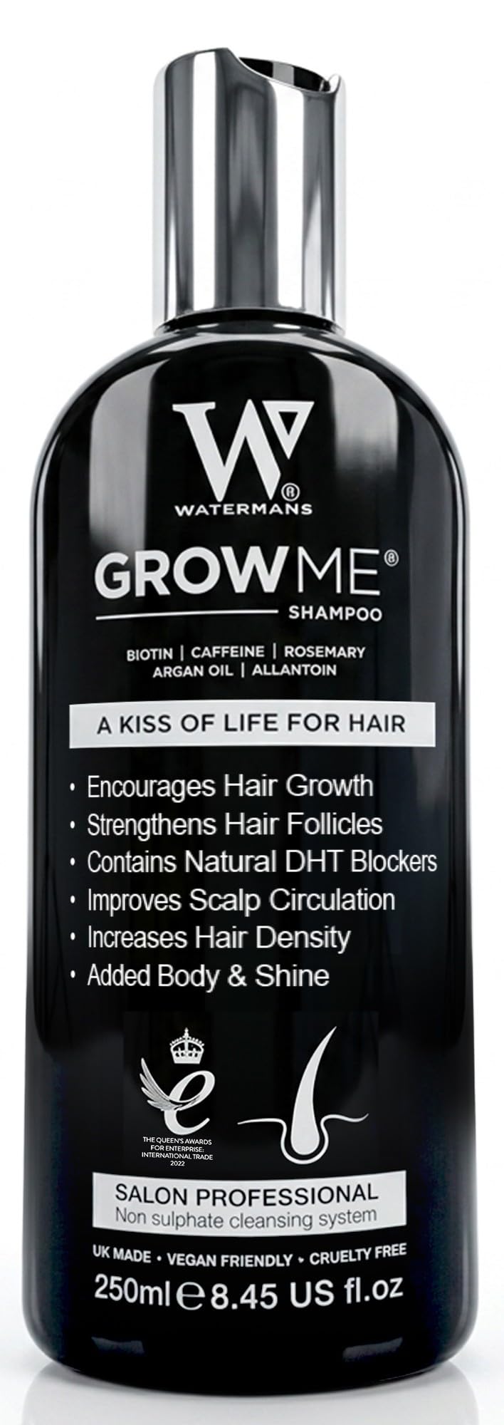 Watermans Meilleur shampooing de croissance capillaire sans sulfate, caféine, biotine, huile d'argan, allantoïne, romarin. Stimule la re-croissance des cheveux, aide à arrêter la perte de cheveux