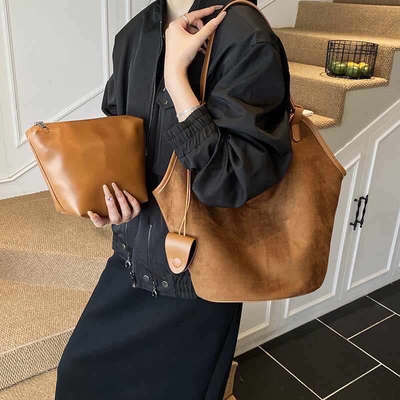 Faux Suede Tote Bag for Women Stylish Suede Satchels Bag Hobo Handbag with Interior Pockets Slouchy Purse for Work Travel4