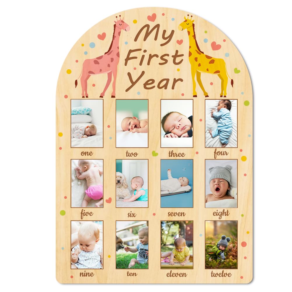ORIGACH My First Year Baby Growth Photo Display Wood Board - 12 Months Newborn Milestones Photo Board - Neutral Baby Keepsake Frame 1st Birthday Party Nursery Decor New Mom Gift - Giraffe